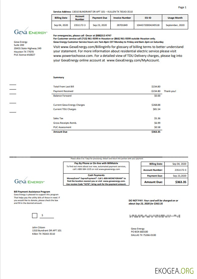 USA Texas Gexa Energy utility bill template in Word format